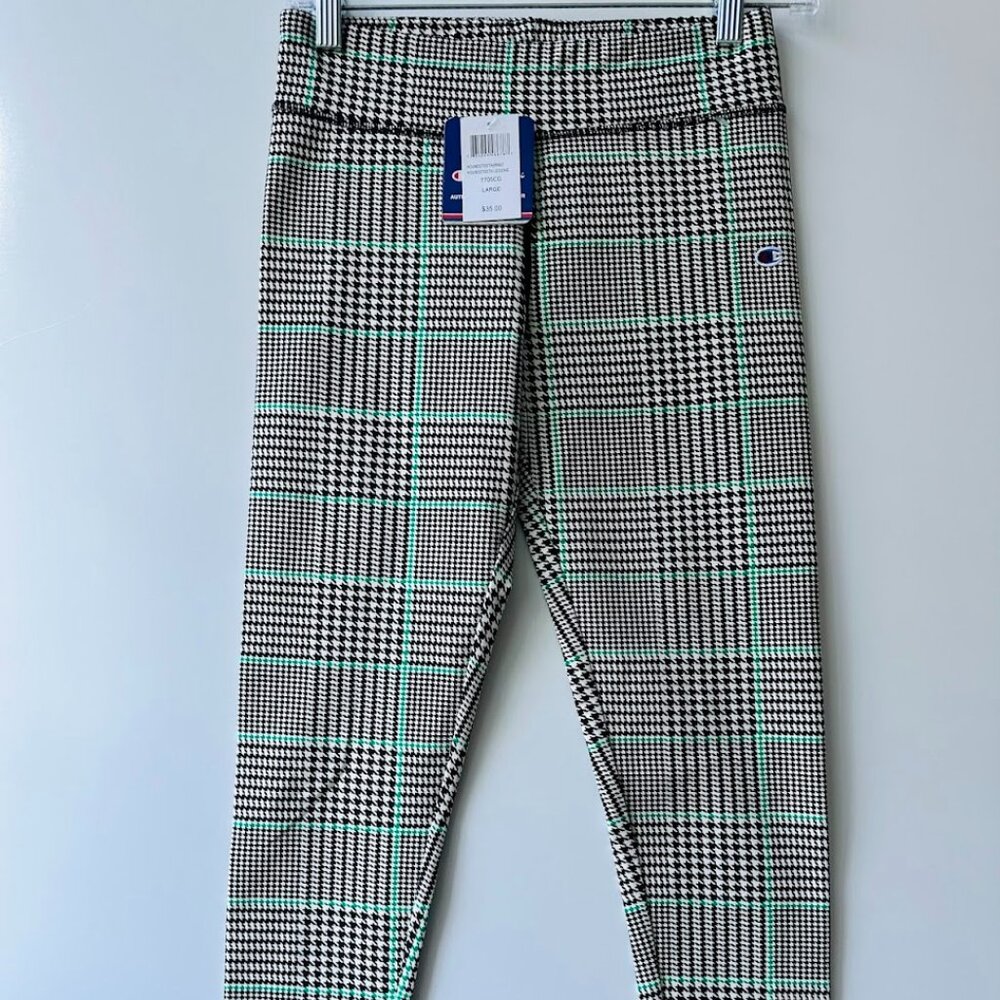 Champion Legging Mid-rise Black &Green Gingham pattern sz Large Workout gear